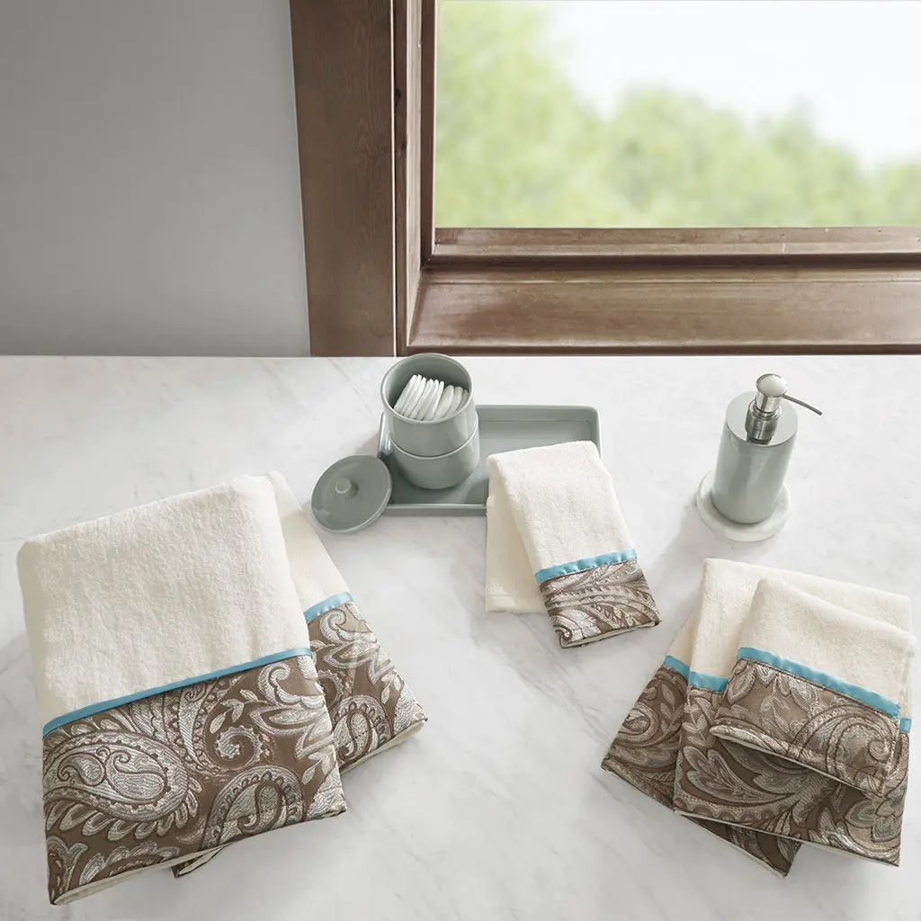 6 Piece Jacquard Towel Set Blue Brown Cotton Bath Towels jla