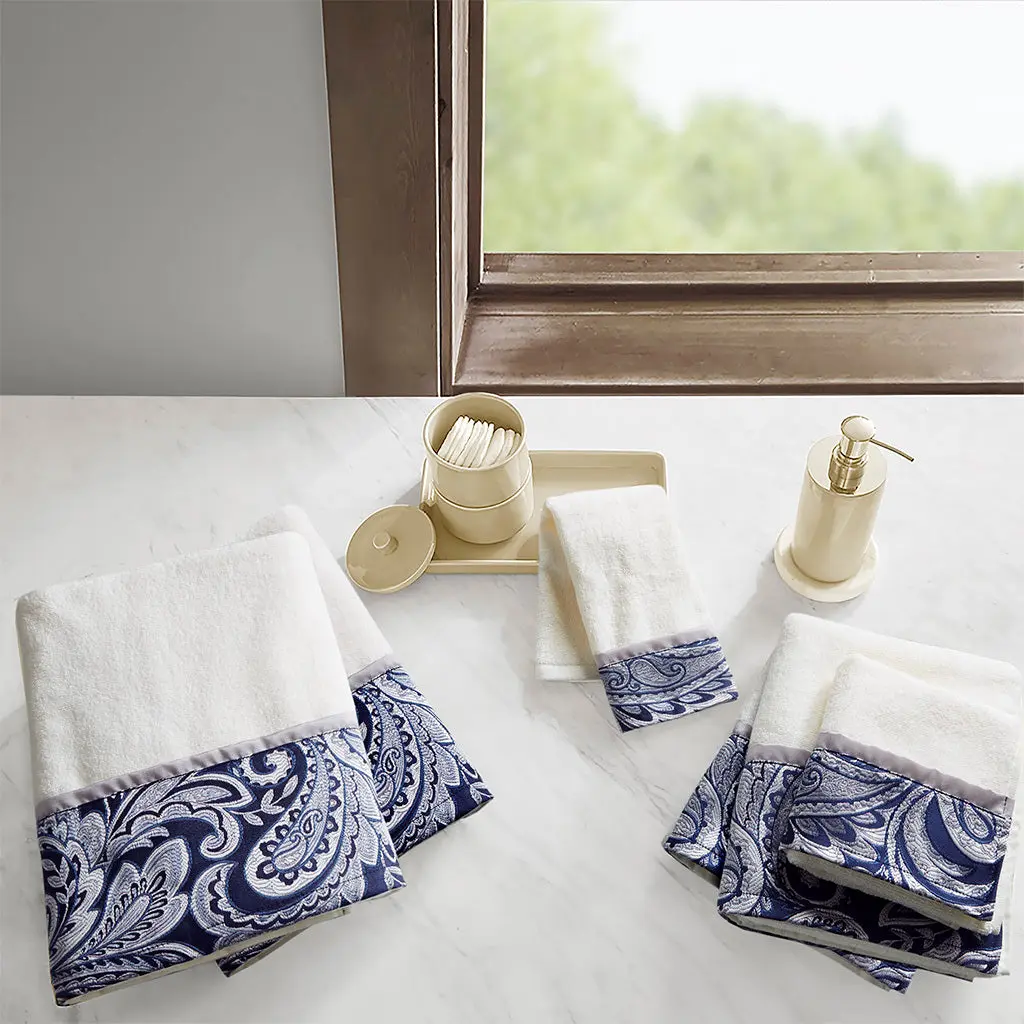 6 Piece Jacquard Towel Set Navy Cotton Bath Towels jla
