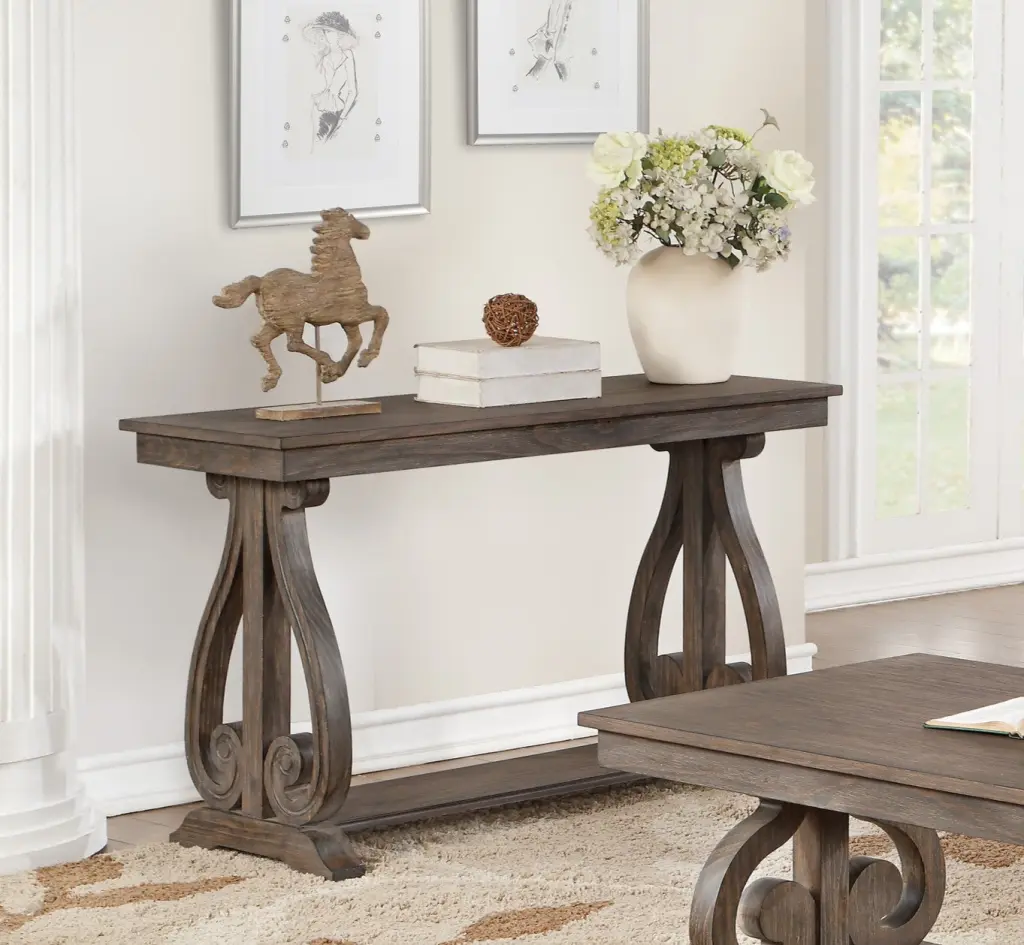 Timeless Traditional Sofa Table Dark Oak Finish Scroll Design Bottom Shelf kanepe