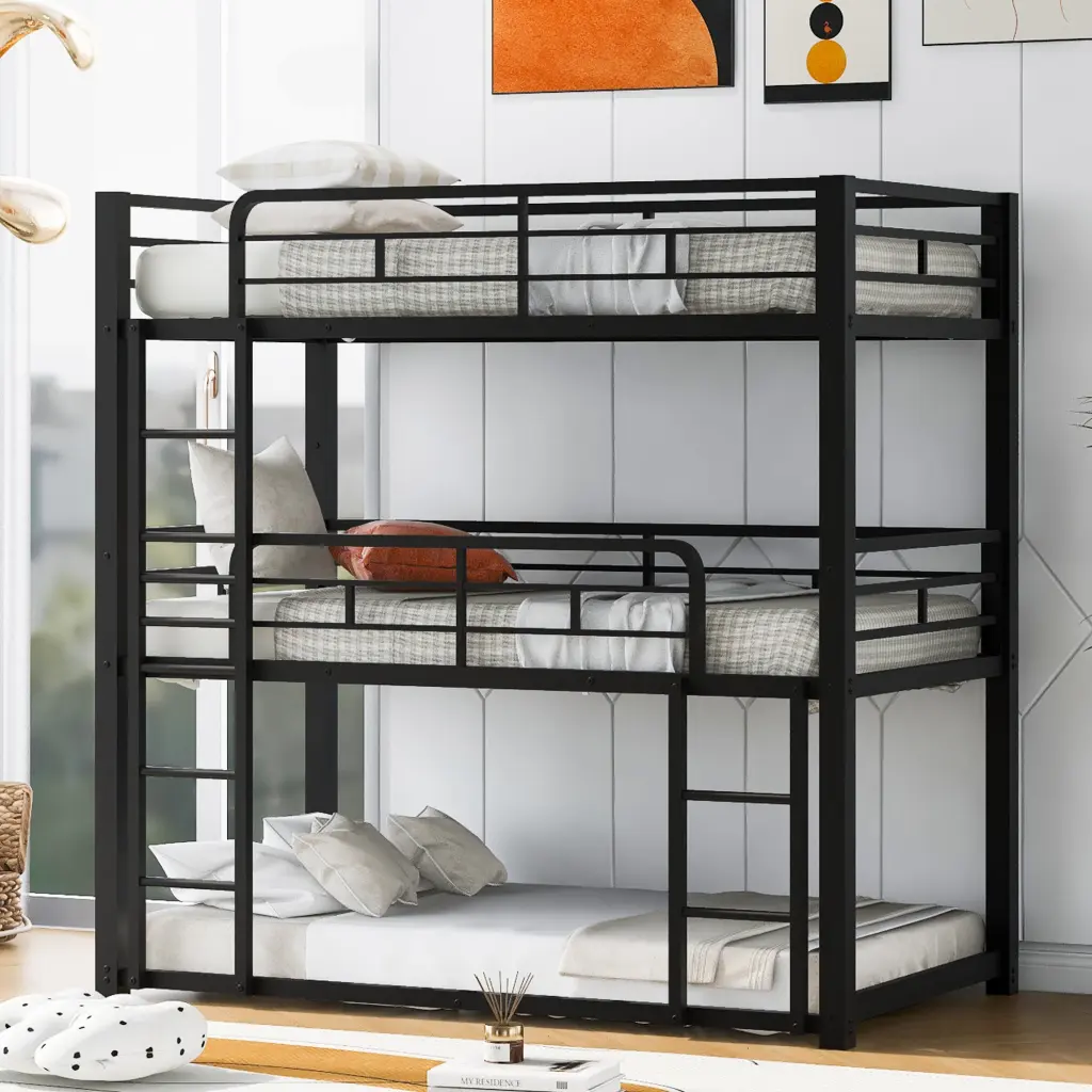 Metallic Twin Dimensions Triple Bunk Bed Black Space Saving Sleeper wm store