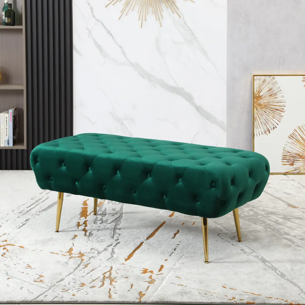 Sira Velvet Button Tufted Bench Precious Metal Metallic Legs Green Velvet hz
