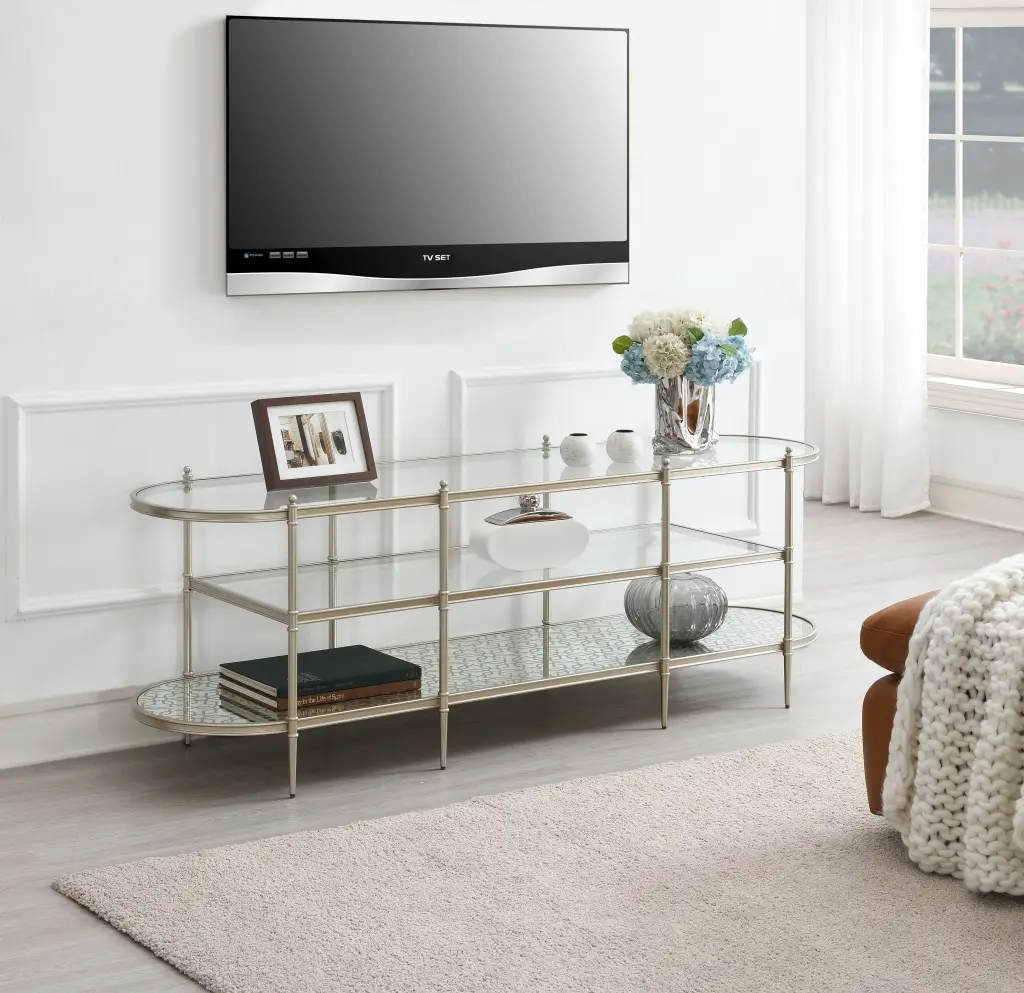 Zaba TV Stand Glass Champagne Finish 70-79 Inches Living Room acme onsite store