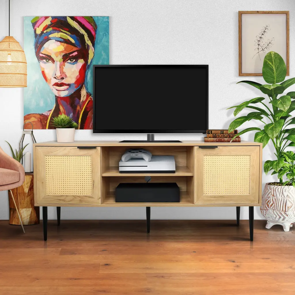 Wooden TV Stand TVs Up to 65 Inches 2 Rattan Decorated Doors golden walnut