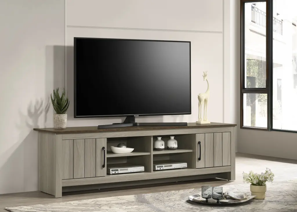 Nyla 68.5 Inch Gray Oak TV Stand Shelves and Cabinet Doors lilola home