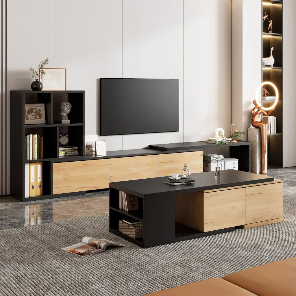 Extendable TV Stand And Coffee Table Set 2 Media Console 3 Shelves rnb