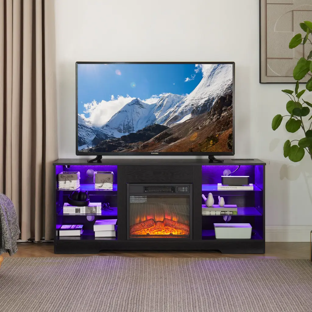TV Stand Electric Fireplace and Glass Shelves 3D Effect rnb