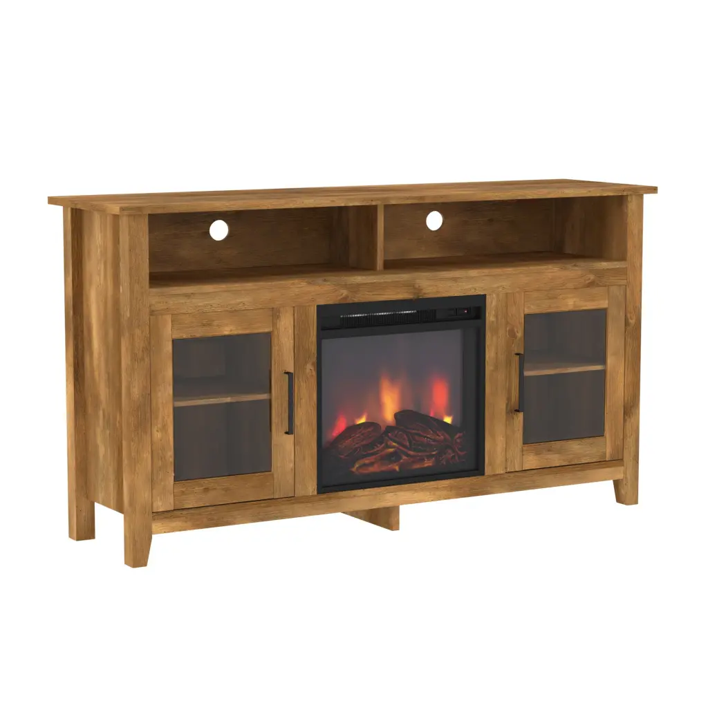 Classic Crystal Door Fireplace Tall TV Stand TVs up to 65 Inches Barnwood Finish walker edison