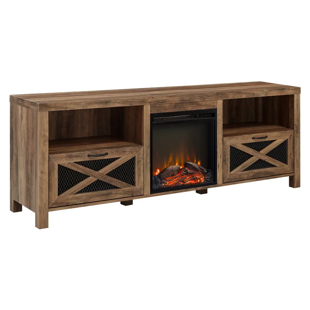 70 Inch Industrial Farmhouse Metallic Mesh Drop Down Fireplace TV Stand walker edison