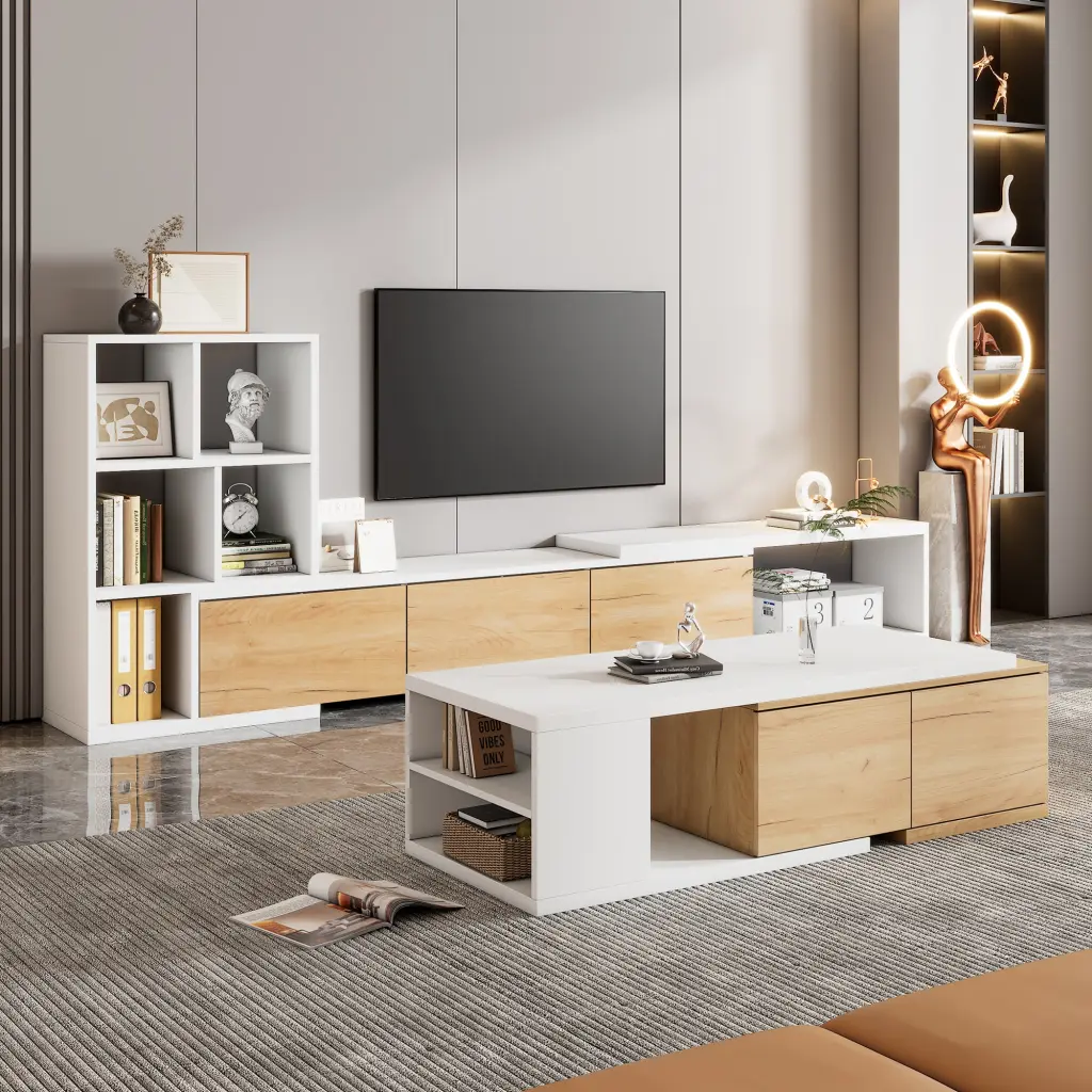 Extendable TV Stand and Coffee Table Set Media Console 3 Tiers rnb