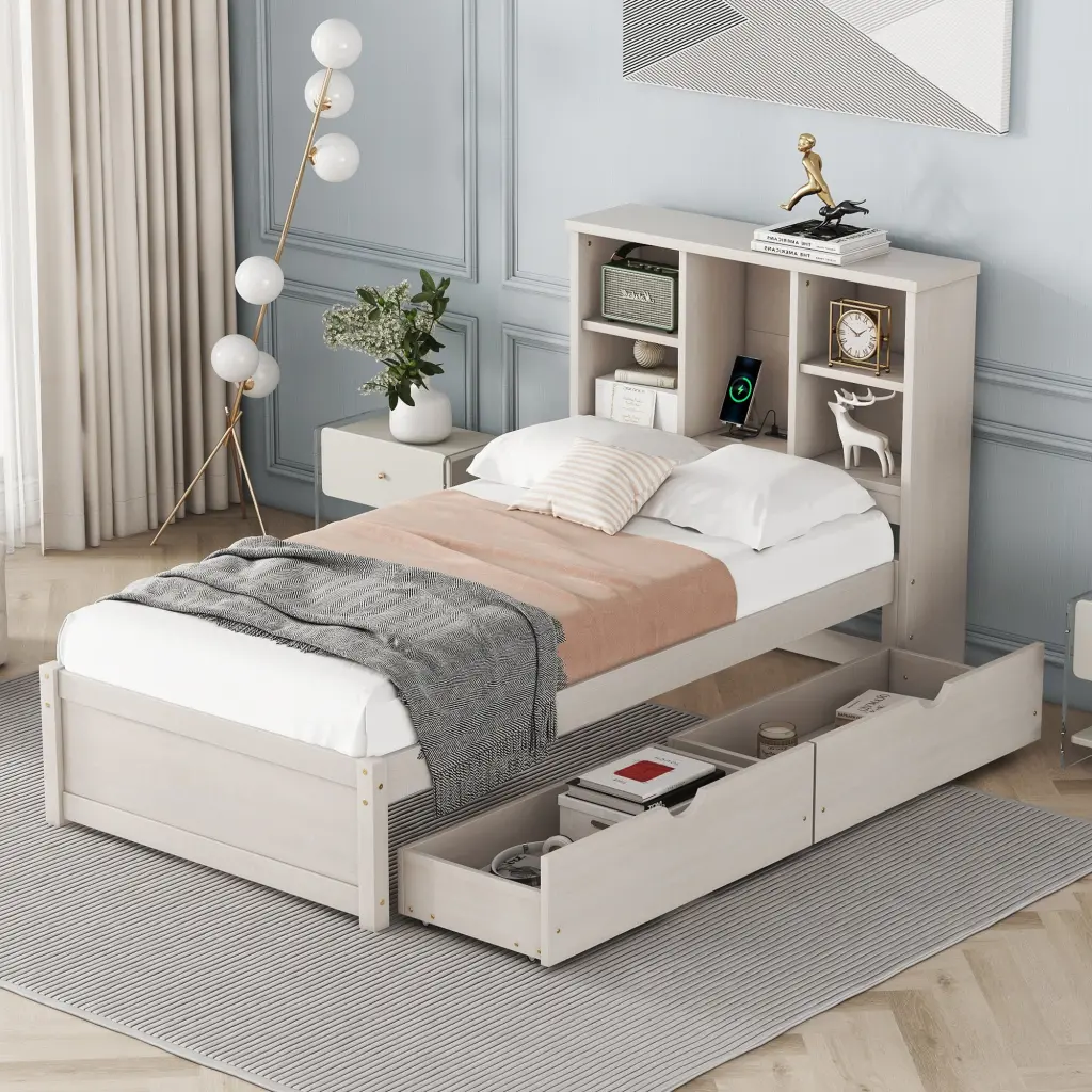 Modern Twin Bed Frame USB Port on Bookcase Headboard fangxing