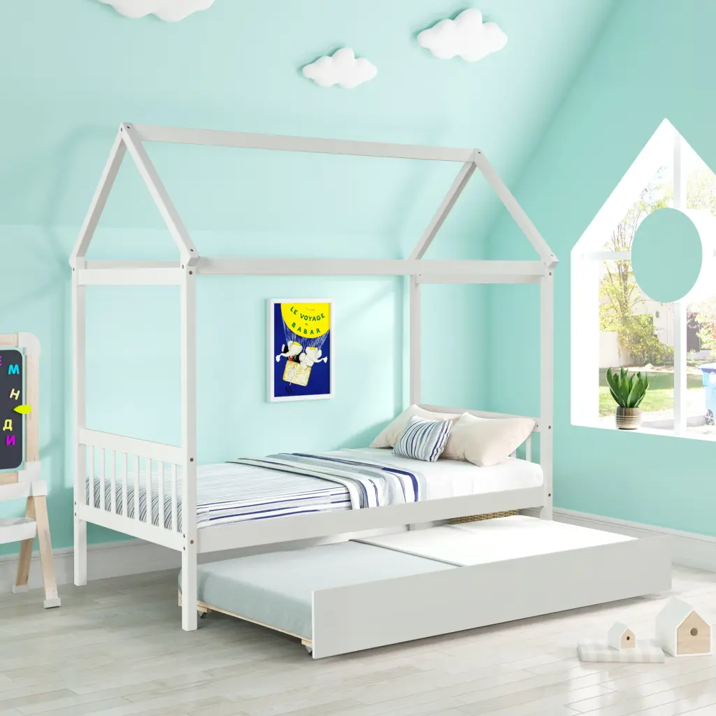 Solid Wood Twin Houtilize Bed Frame Trundle White Hue and Space Saving fangxing