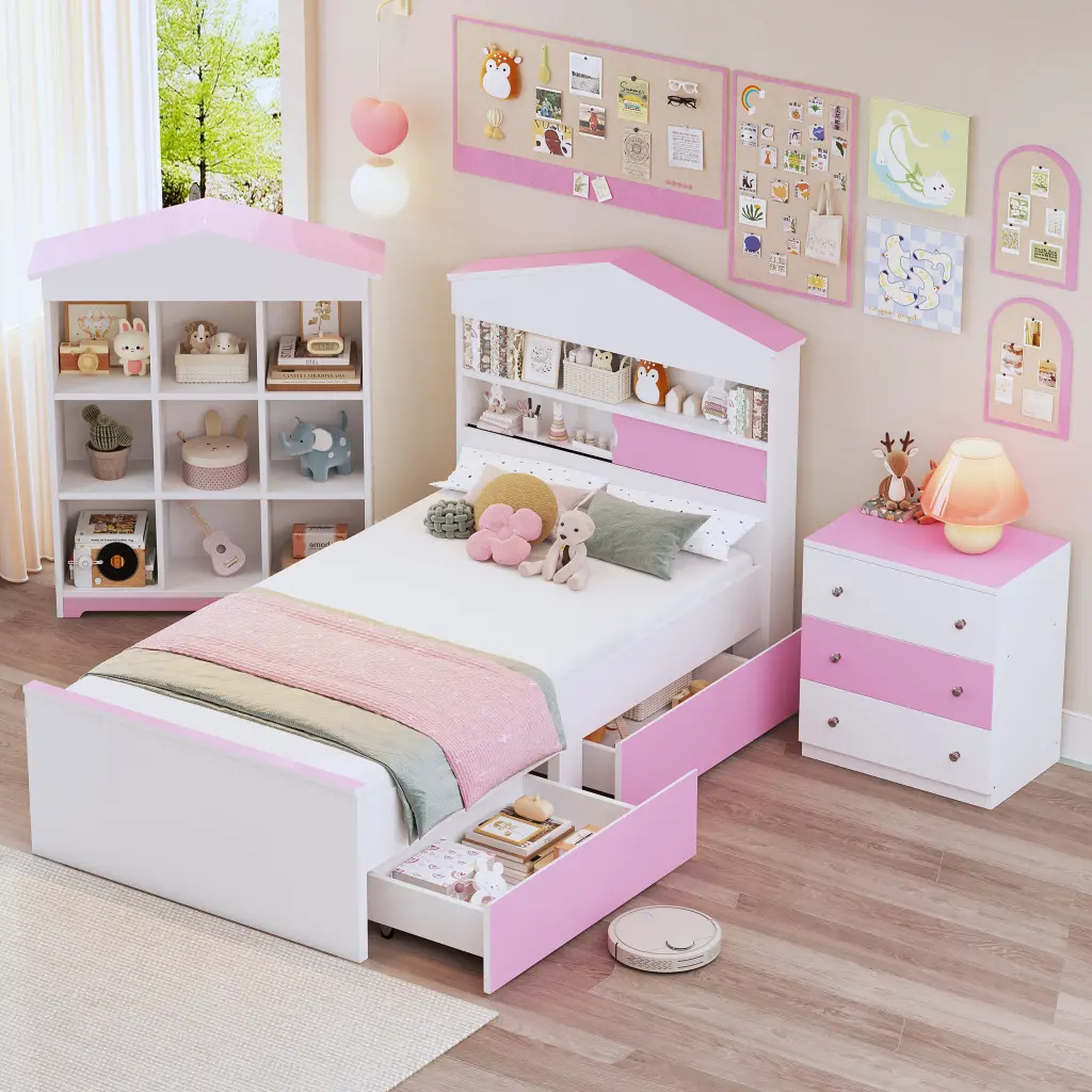 3 Pieces Bedroom Sets Twin Dimensions House Shaped Timberen Bed Storage Kids Room Furniture homey life