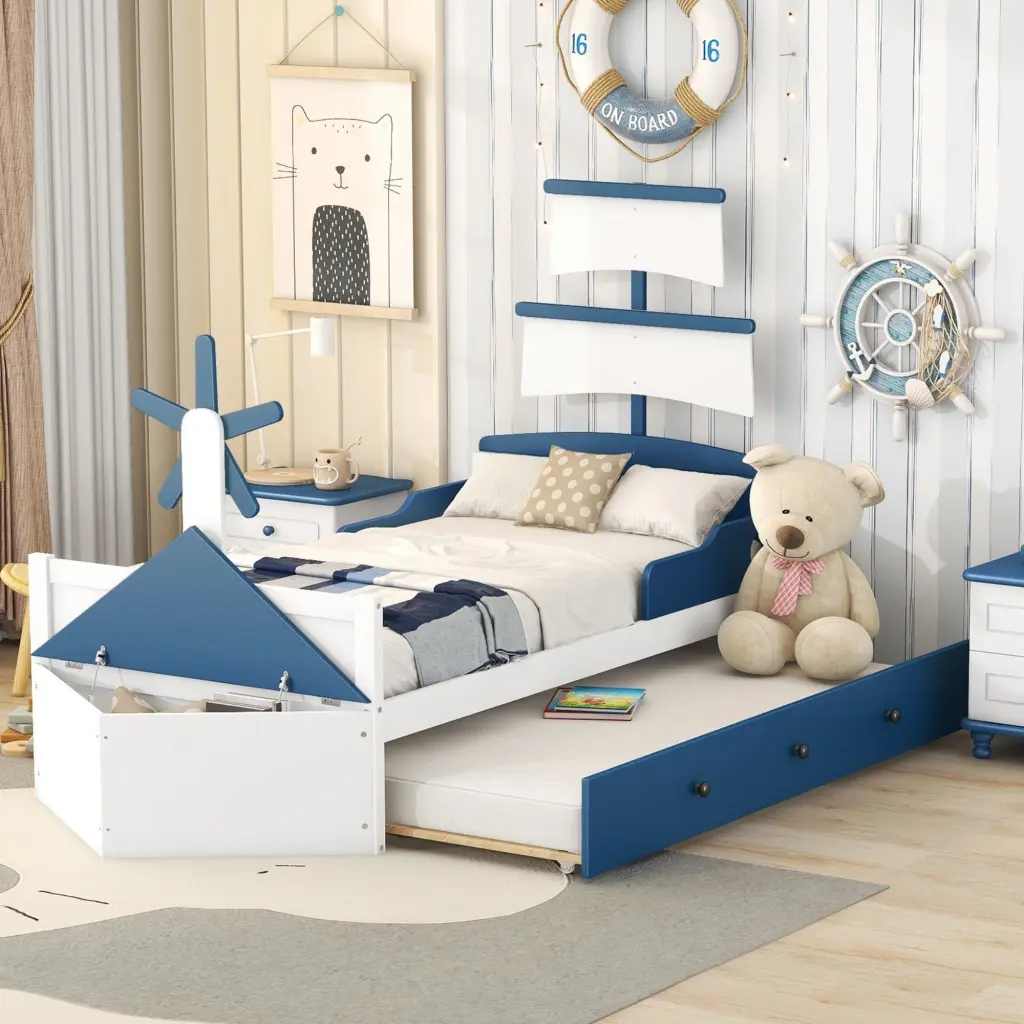 Twin Size Boat Platform Bed Trundle Kids Nautical Bedroom Furniture homey life