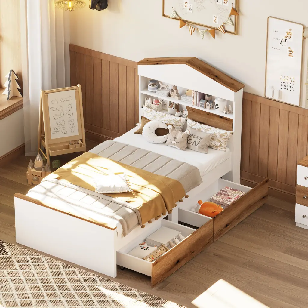Twin Size Houtilize Influenced Wooden Bed Storage Shelf Headboard homey life