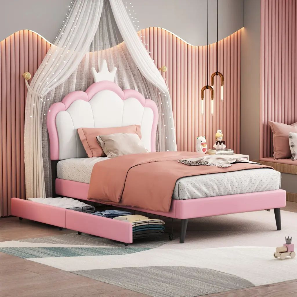 Twin Upholstered Princess Bed Crown Headboard and 2 Drawers Pink Girls Bedroom Furniture homey life