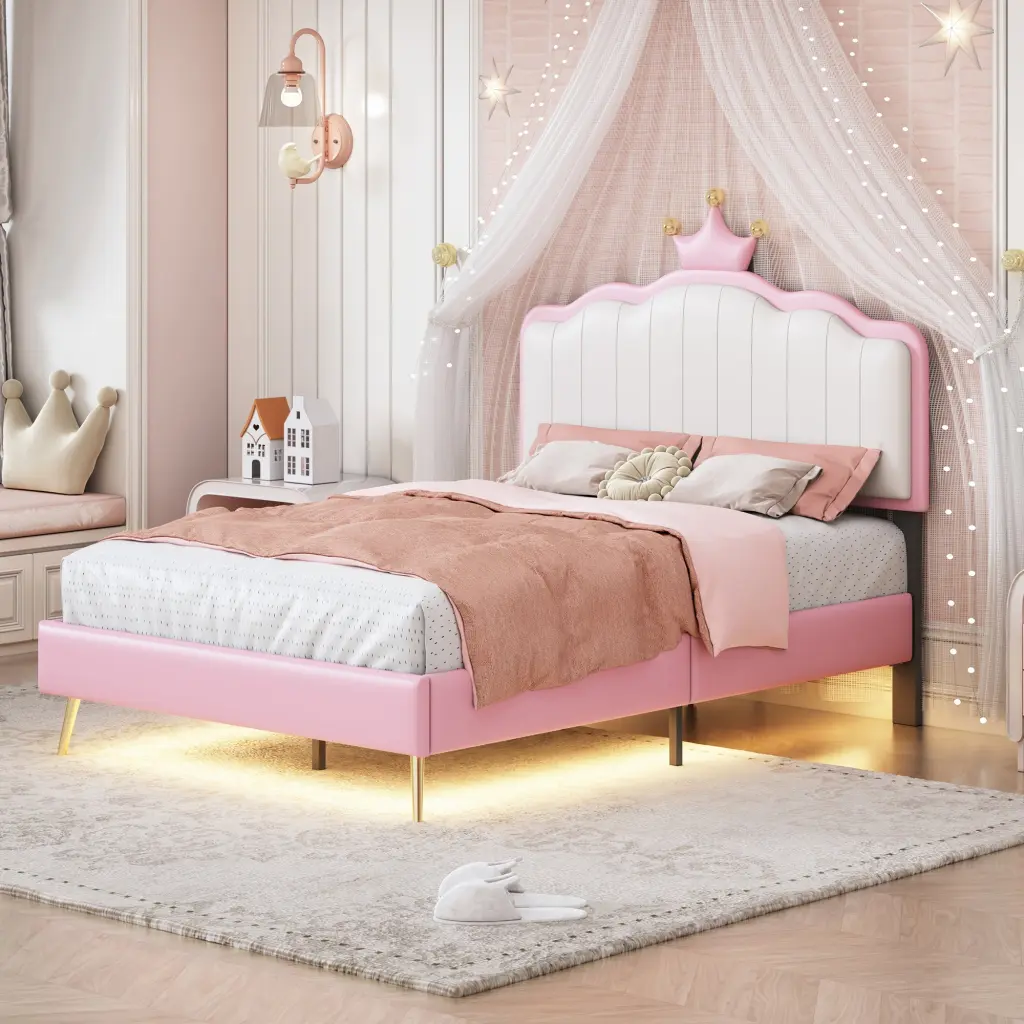 Twin Upholstered Princess Bed Crown Headboard Platform Bed Frame homey life