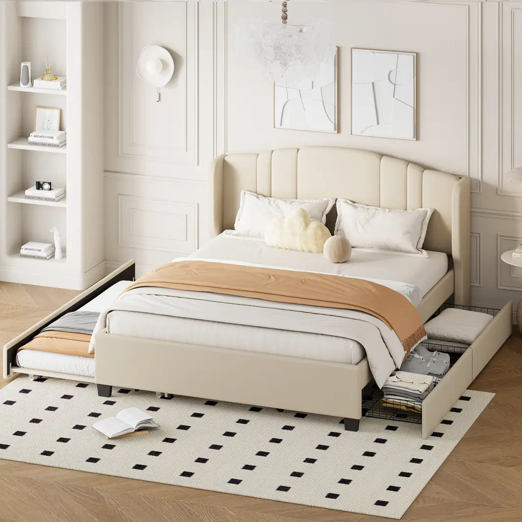 Upholstered Platform Bed Wingsupport Headboard Twin Size Trundle Bed homey life