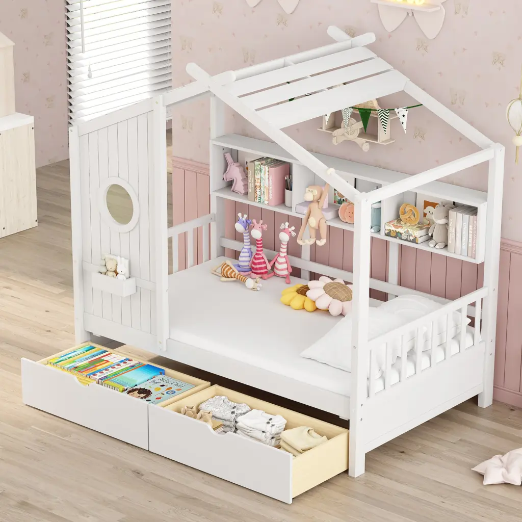 Wooden Twin Houtilize Bed 2 Drawers and Storage Shelf Kids homey life