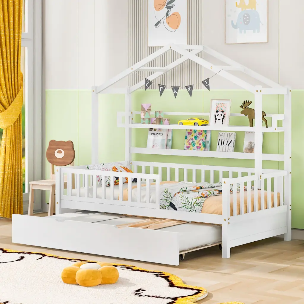 Wooden Twin Houtilize Bed Trundle and Shelf Kids White homey life