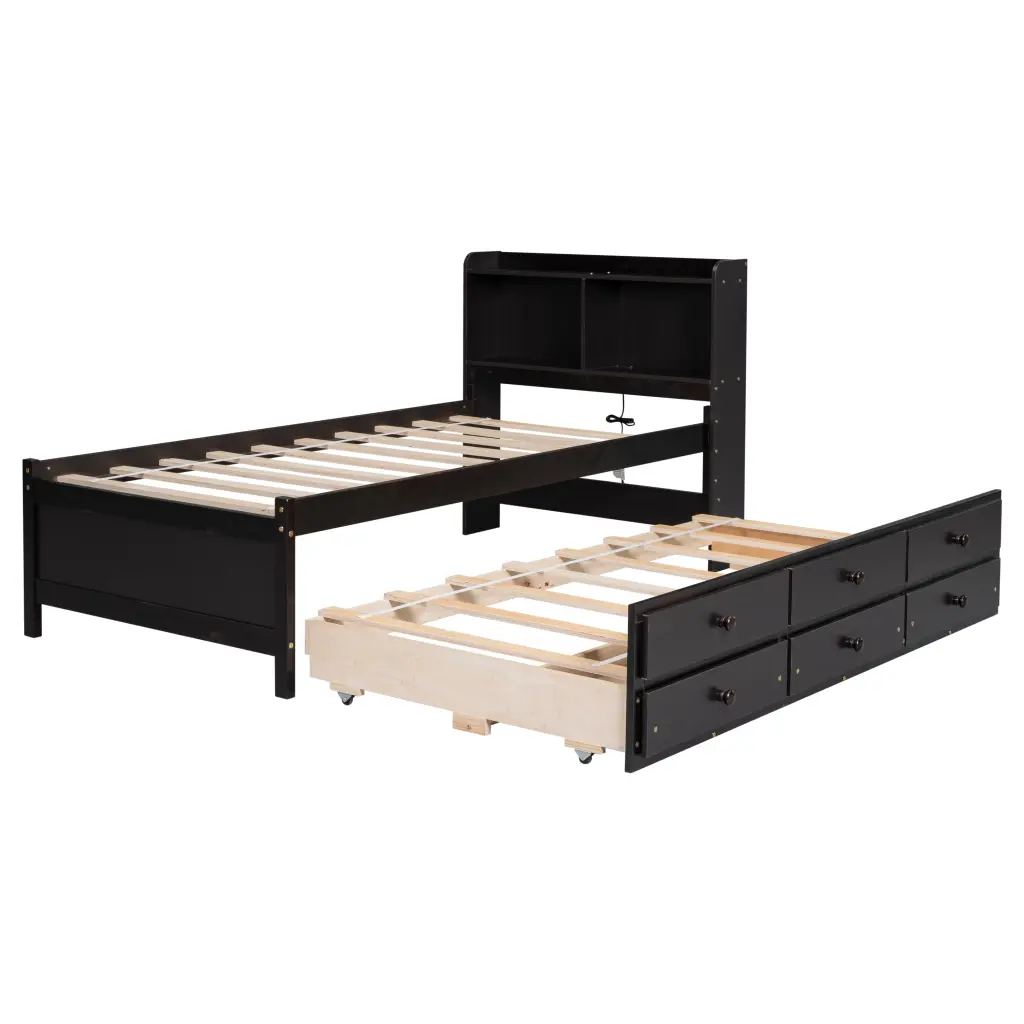 Twin Bed Built USB Type C Ports LED Light Bookcase Headboard inspirit