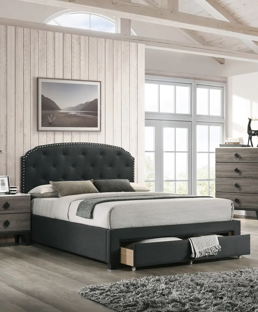 Charcoal Burlap Twin Size Bed Drawer Button Tufted Headboard kanepe