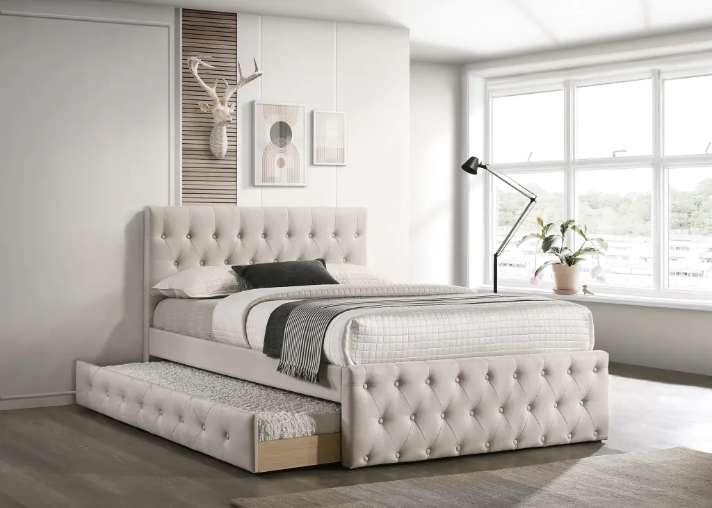 Contemporary Twin Dimensions Bed Trundle Slats Light Brown Burlap Upholstered Frame kanepe