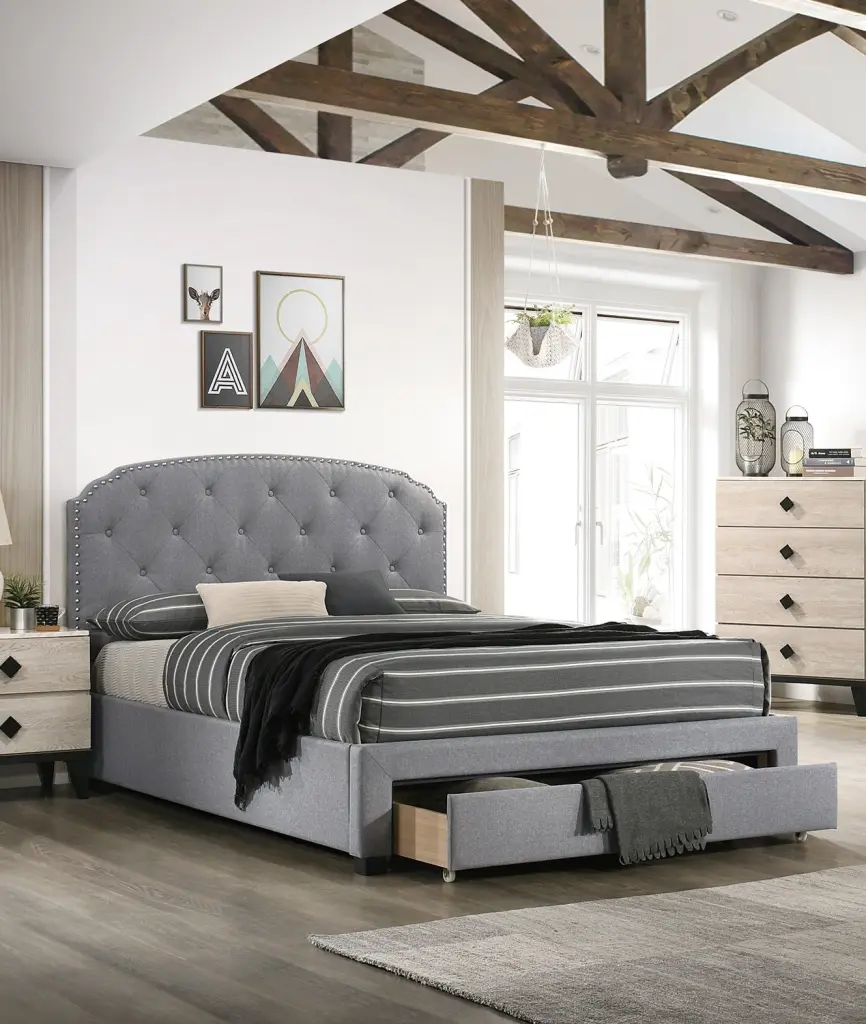 Light Grey Burlap Material Twin Dimensions Bed Drawer Button Tufted Headboard kanepe