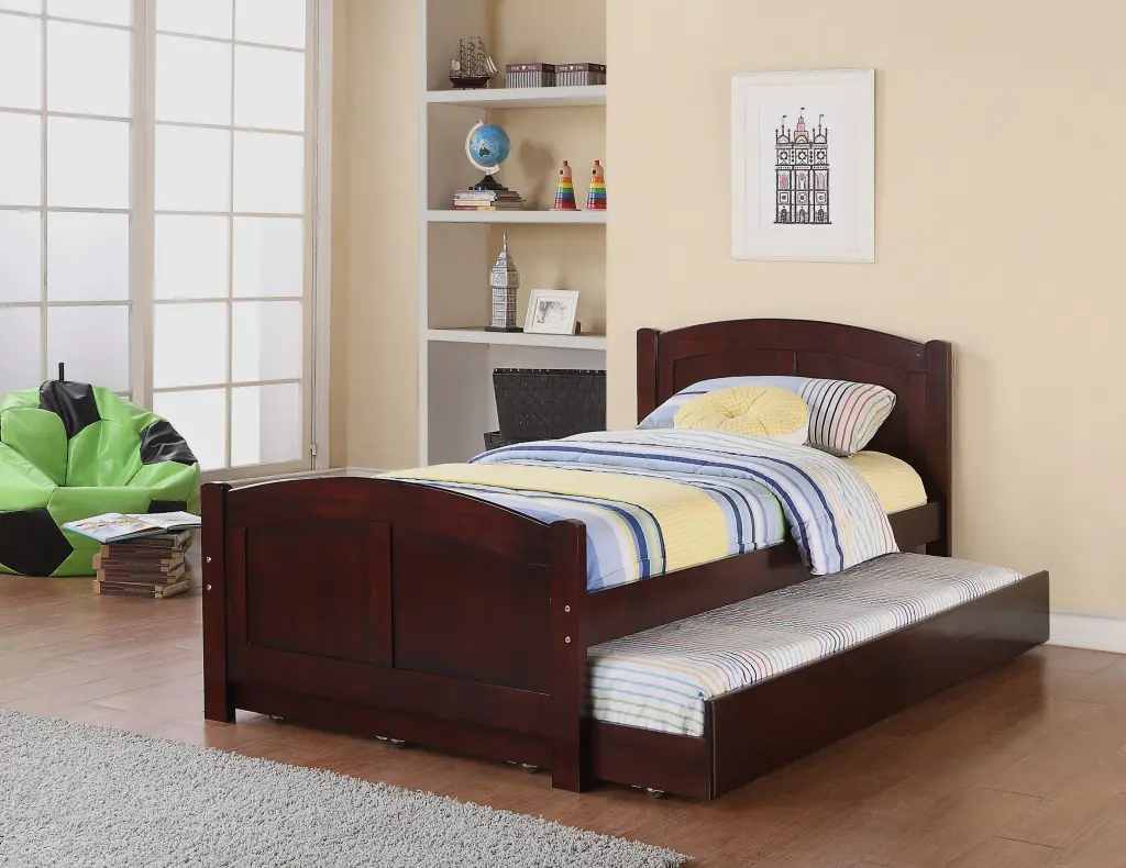 Twin Dimensions Bed Trundle Slats Dark Cherry Pine Plywood Kids Youth Bedroom kanepe