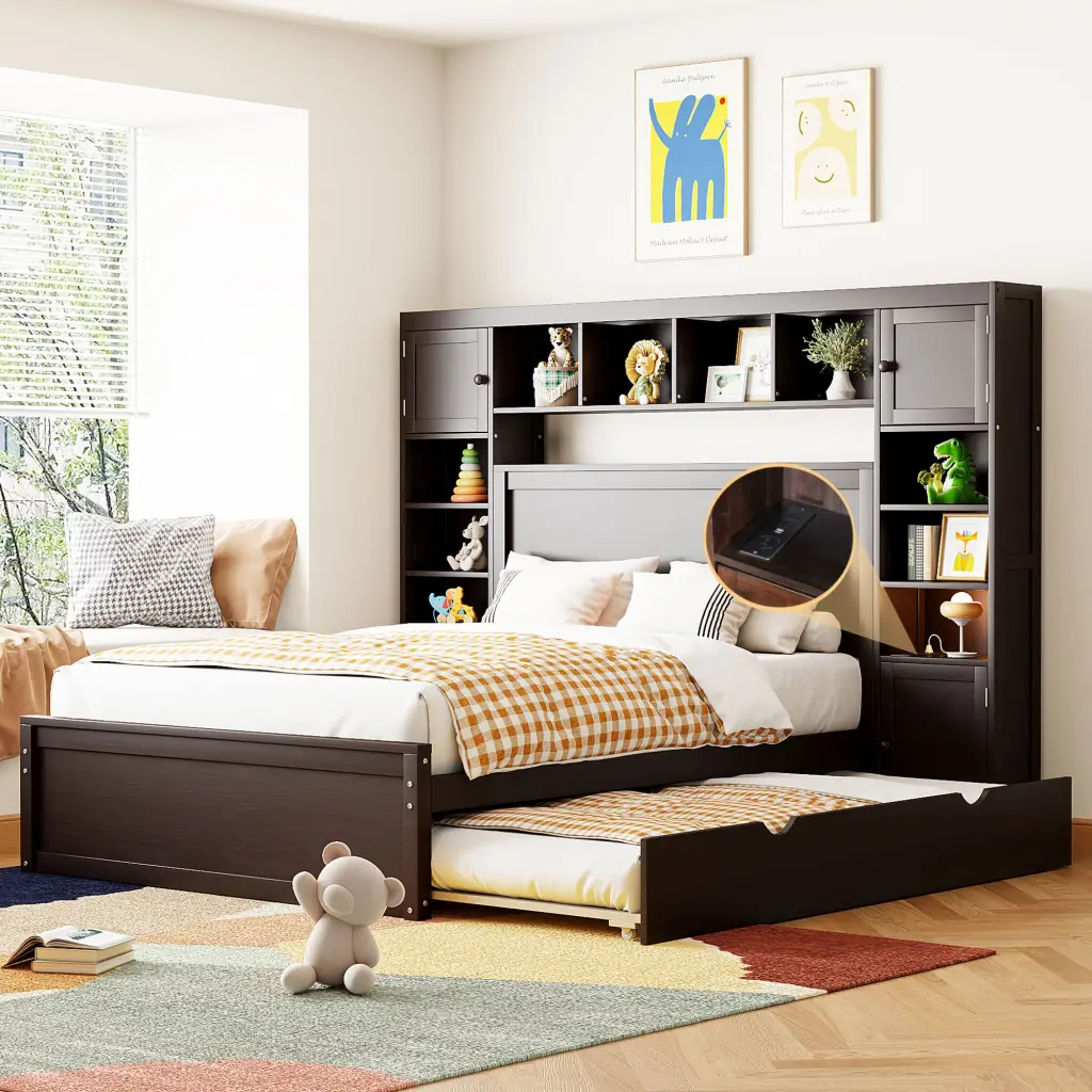 Full Dimensions Wooden Bed All One Cabinet Shelf And Sockets Twin Size Storage Bed lucky furniture