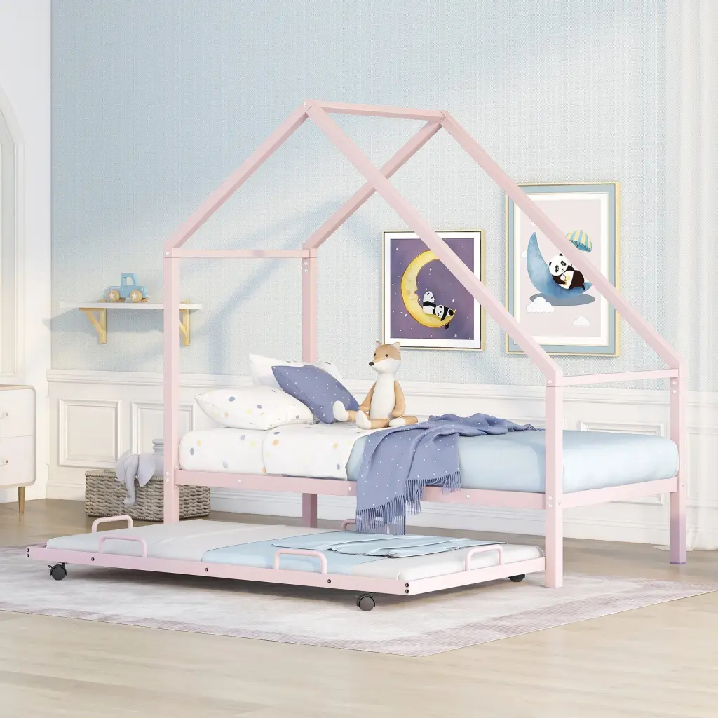 Metal Houtilize Bed Trundle Twin Size Pink Pink Metal Frame lucky furniture