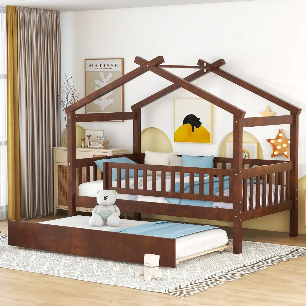 Twin Dimensions Wooden Houtilize Bed Twin Dimensions Trundle, Walnut Finish lucky furniture