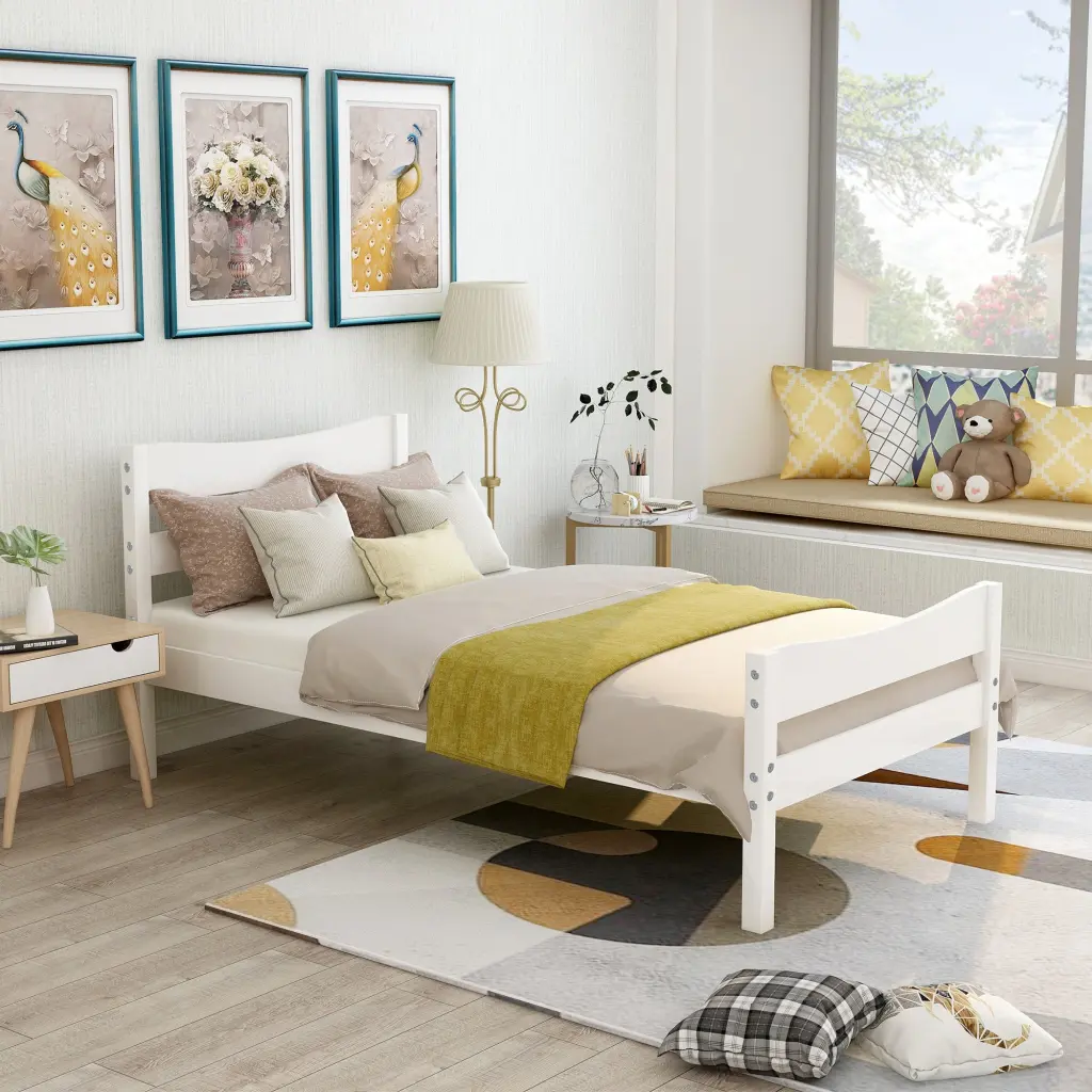 Twin Size Wood Platform Bed Headboard and Wooden Slats White lucky furniture