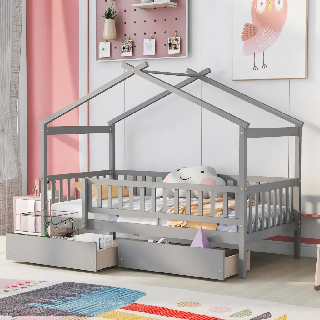 Twin Size Wooden House Bed Two Drawers Gray No Box Spring Required lucky furniture