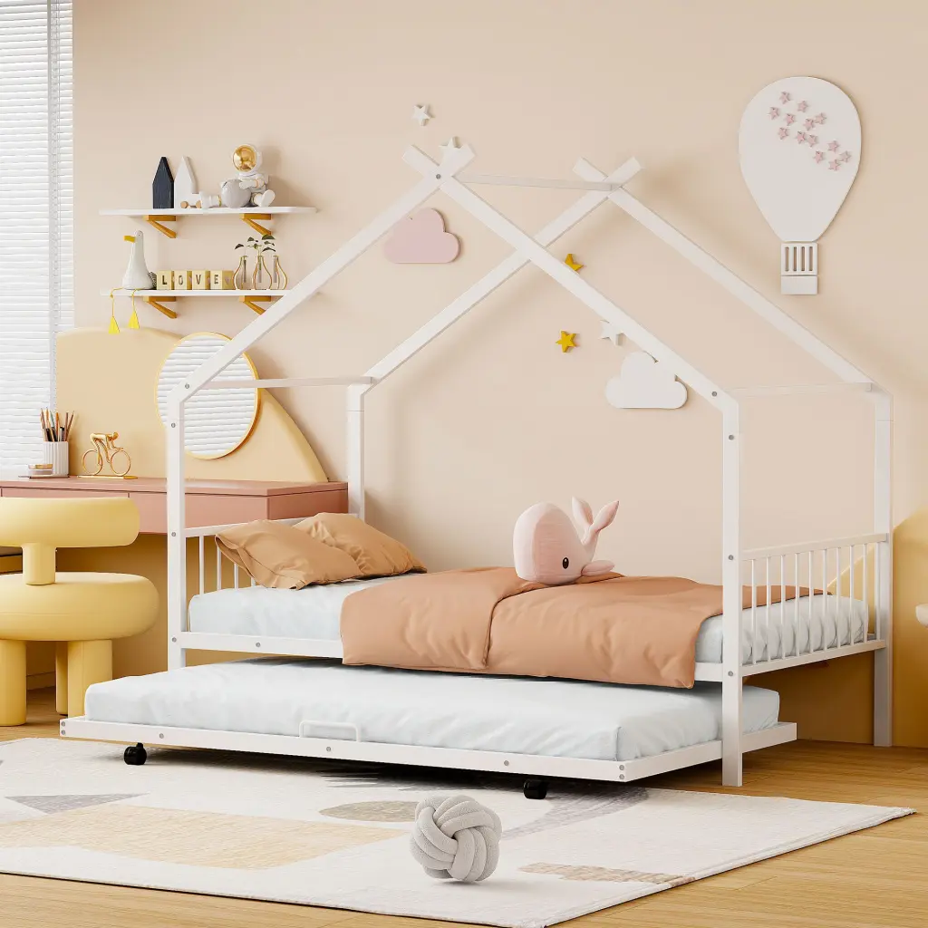 Twin Size Metal Houtilize Bed Twin Trundle White Metal Frame Bed lucky world
