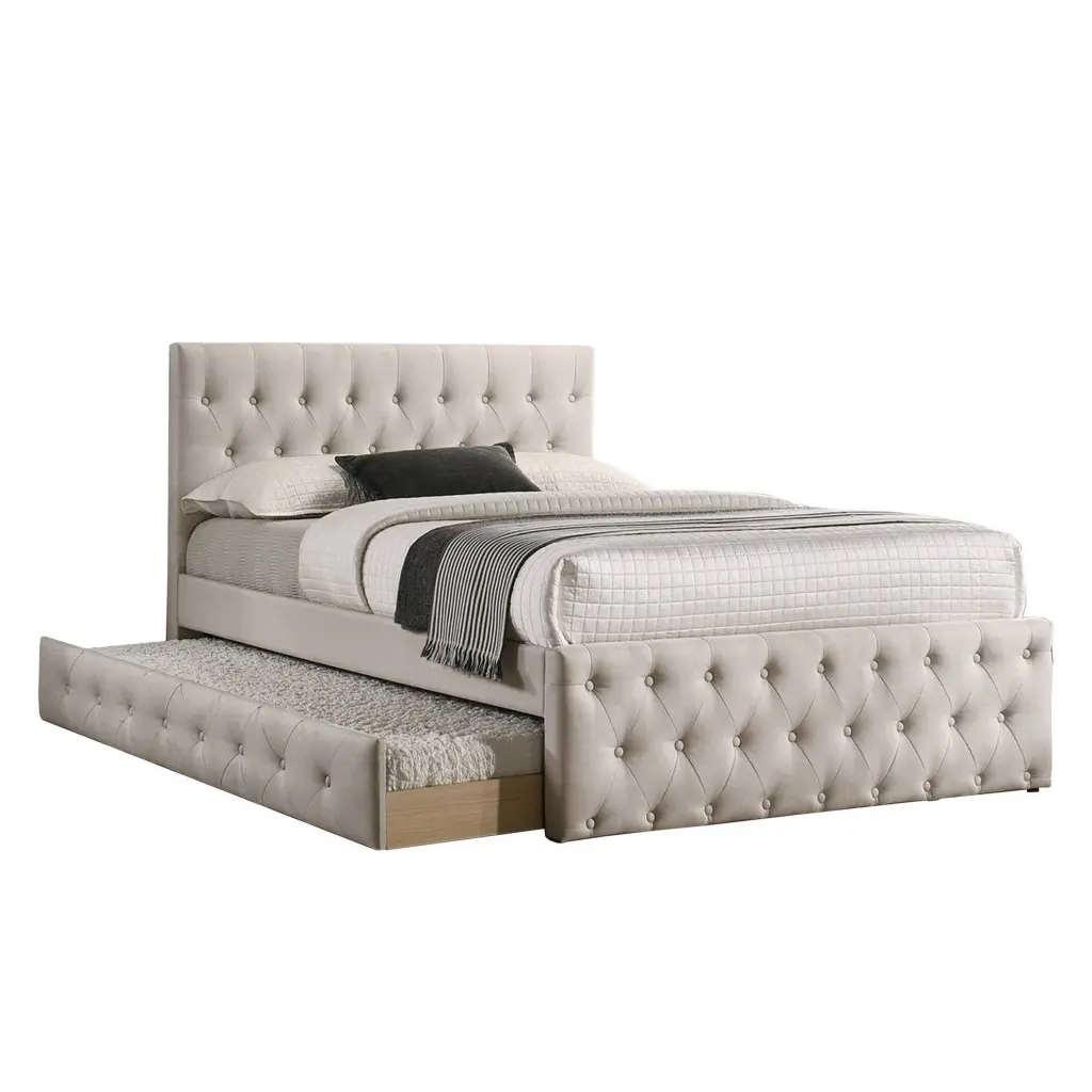 NEK Wood Twin Size Upholstered Bed Trundle Taupe Burlap Fabric royal hampton