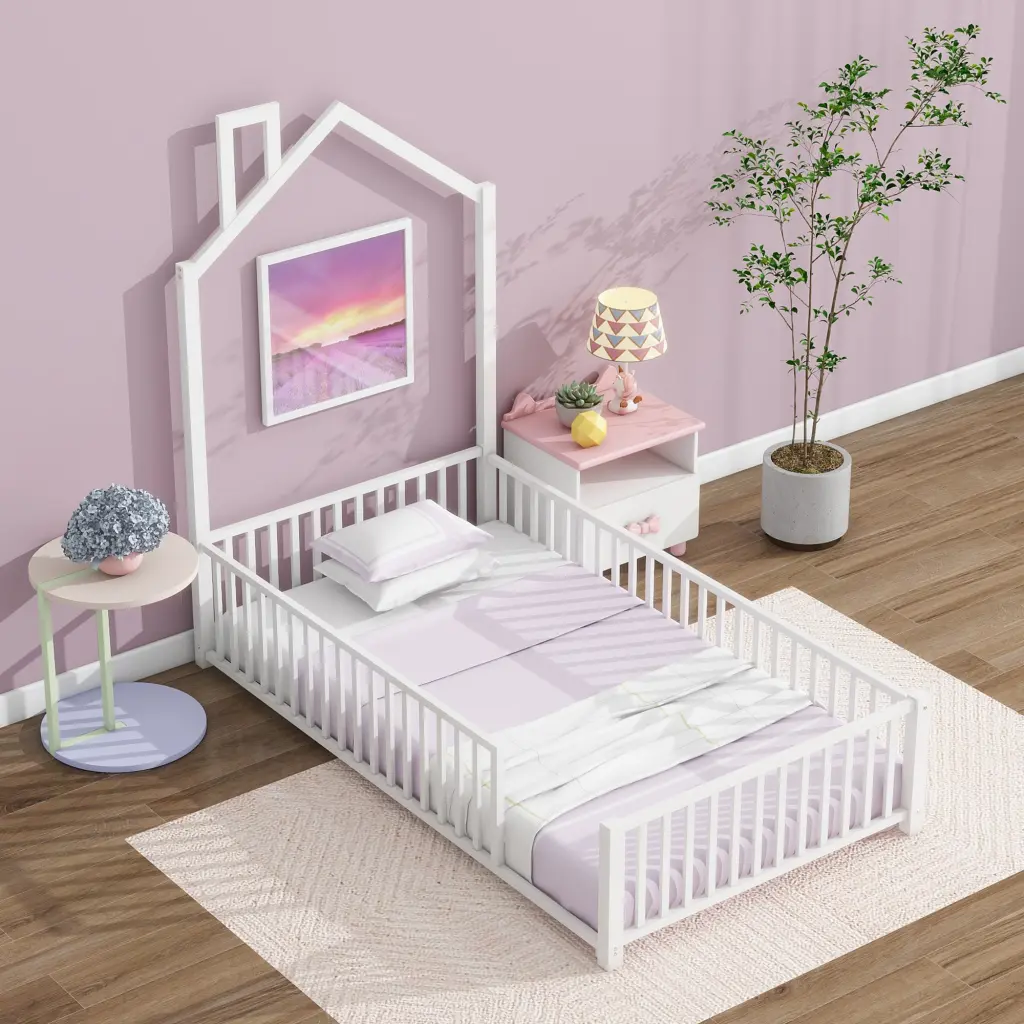 Twin Dimensions Metallic House Platform Bed Guardrail And Chimney White wm dreamland