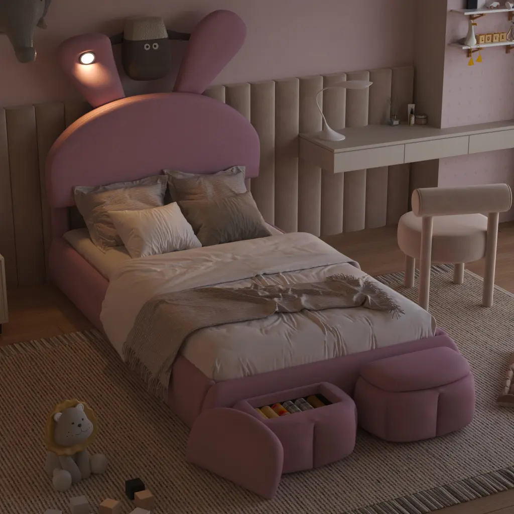 Twin Dimensions Upholstered Platform Bed Shopping Basket Ears Shaped Headboard wm dreamland