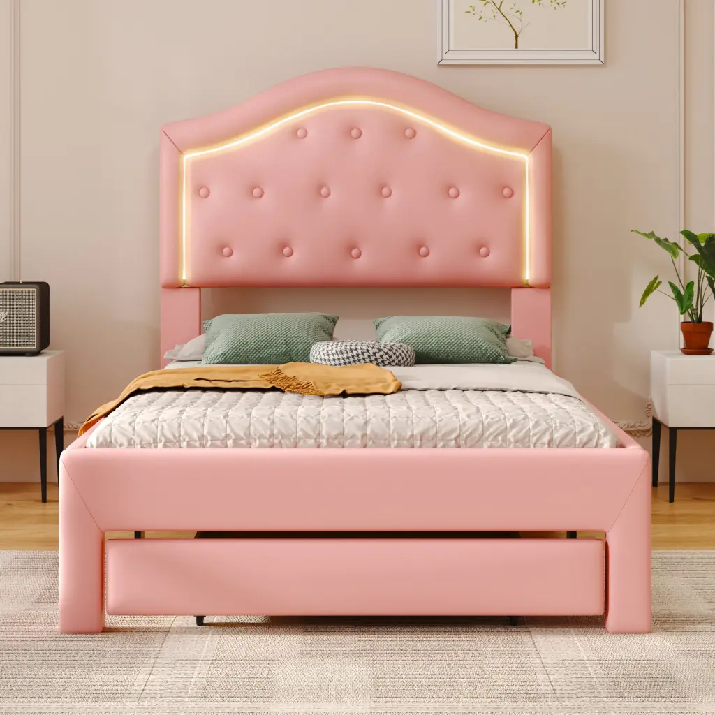 Twin Upholstered Platform Bed Tufted Headboard LED Lights and Drawers wm dreamland