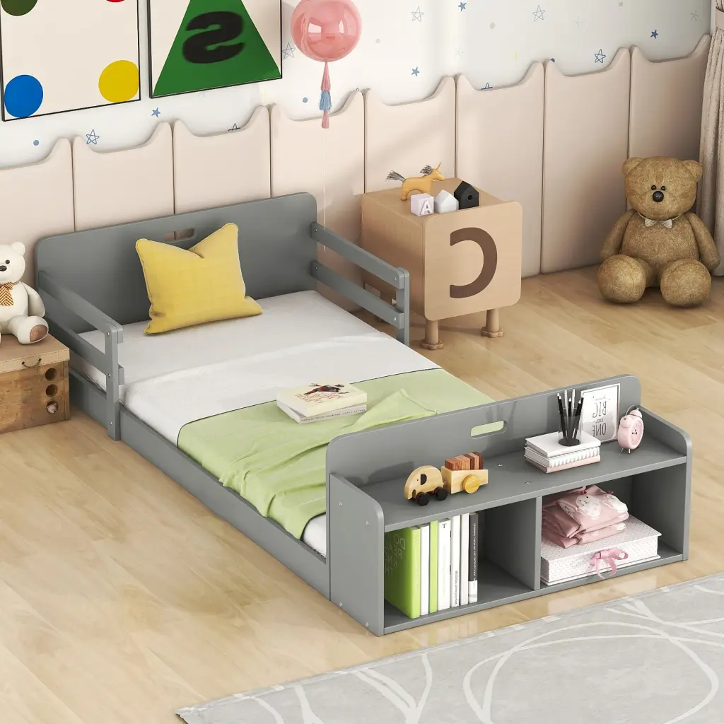 Twin Floor Bed Storage Footboard and Guardrail Grey Box Spring wm store