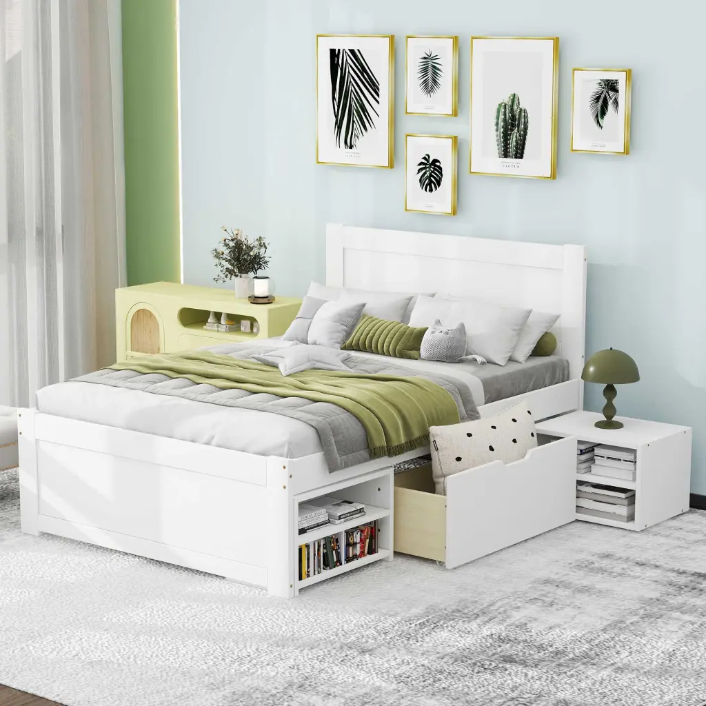 White Twin Size Platform Bed Drawer and Two Shelves Antique Finish wm store