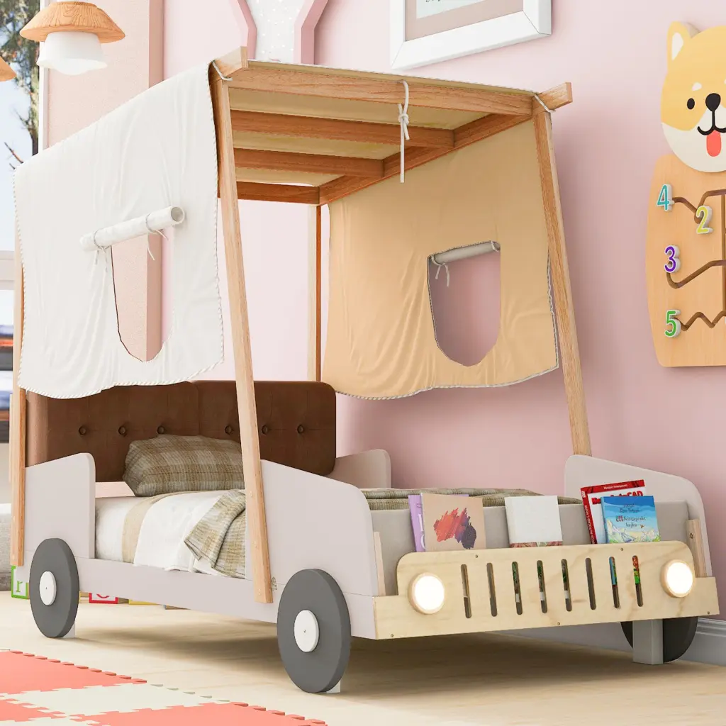 Wood Twin Car Bed Pillow, Ceiling Cloth and LED Lights - Natural Box Design wm store