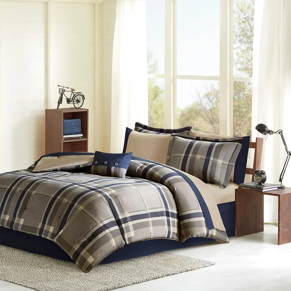 Plaid Comforter Set Bed Sheets Twin Navy Multi Polyester jla
