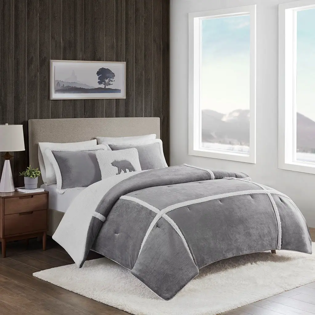 Plush To Sherpa Comforter Set Twin Grey Polyester Bedding jla