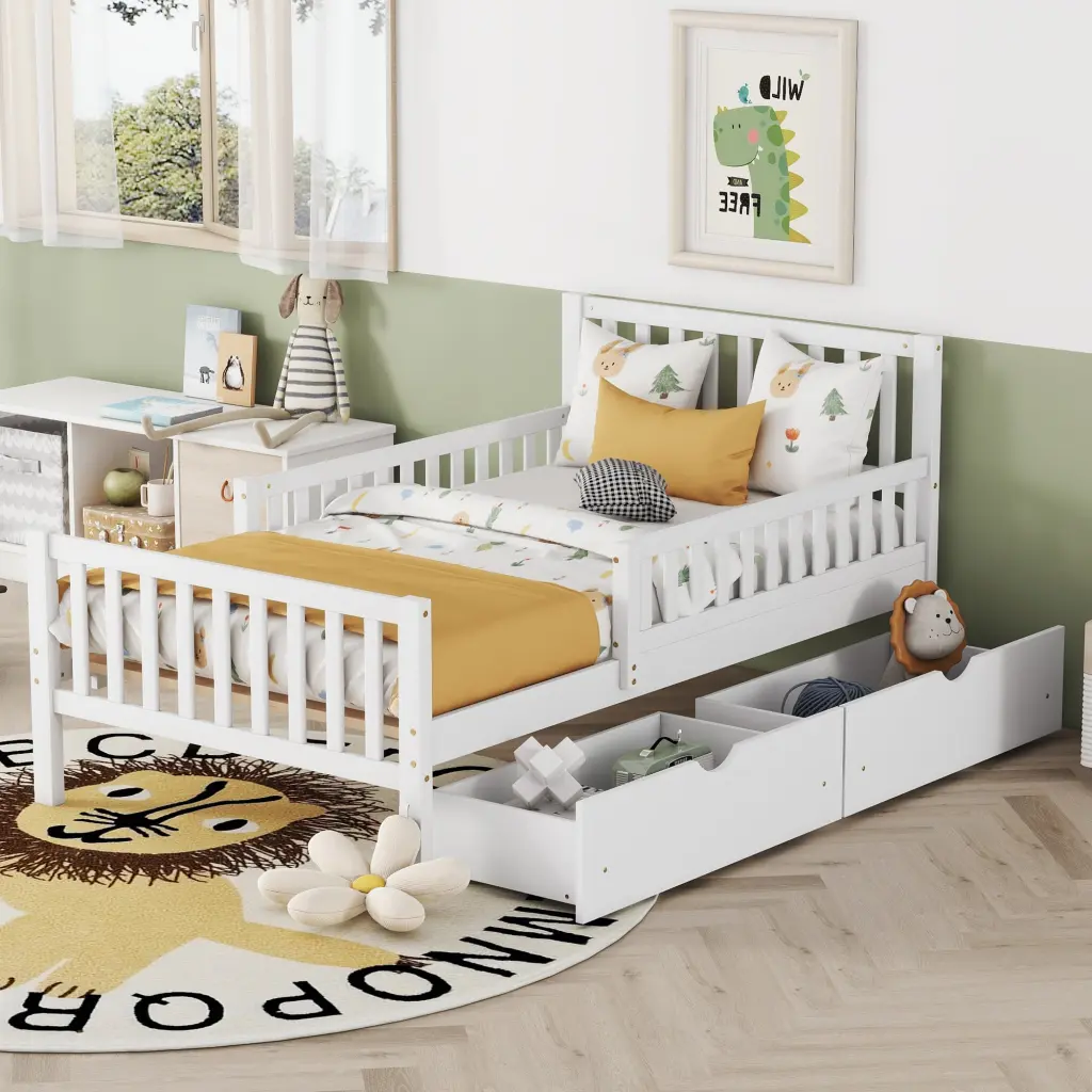 Twin Dimensions Timber Platform Bed Guardrails and Two Storage Drawers homey life