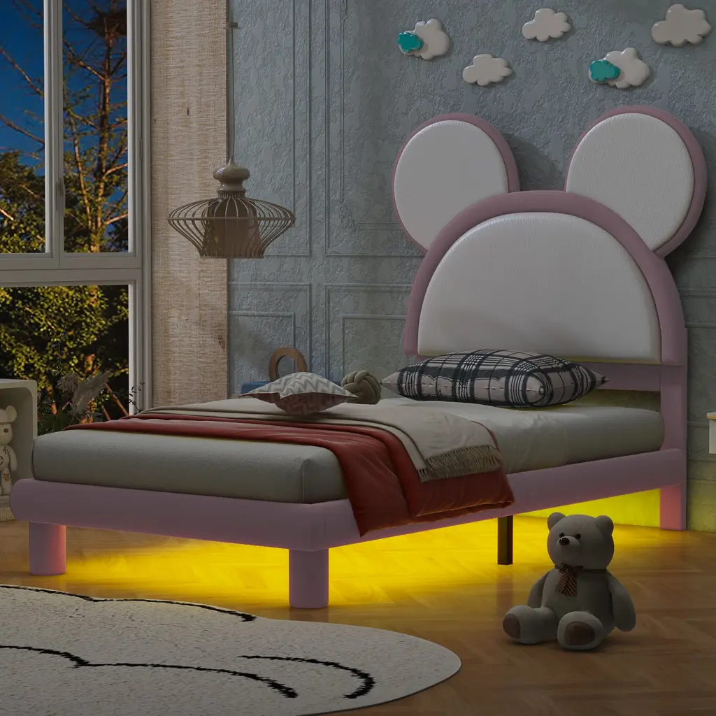 Twin Upholstered Platform Bed Shopping Cartoon Ears Shaped Headboard wm dreamland