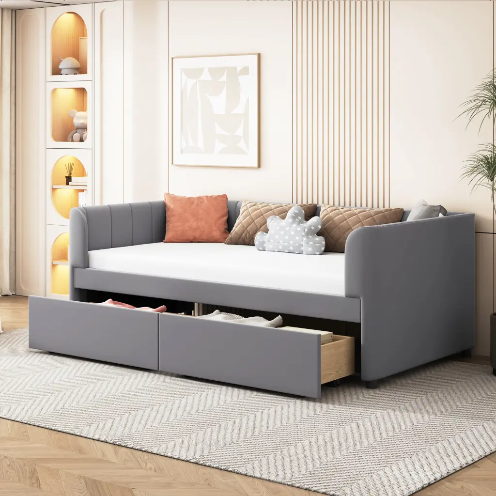 Twin Size Upholstered Daybed Comfort Fit Design Backrest and 2 Drawers lucky world