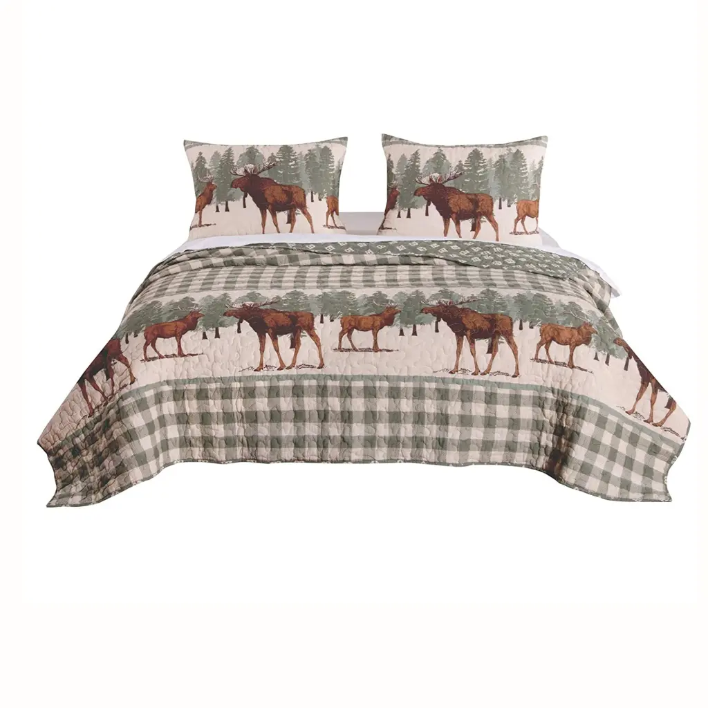 2 Piece Twin Quilt Set Animal Print Plaid Pattern Green and Brown royal hampton