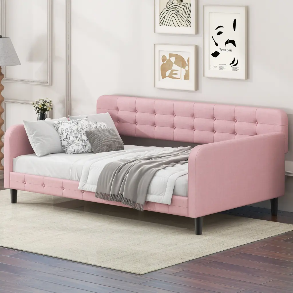 Twin Size Upholstered Tufted Daybed 4 Sturdy Legs Pink Box Spring wm dreamland