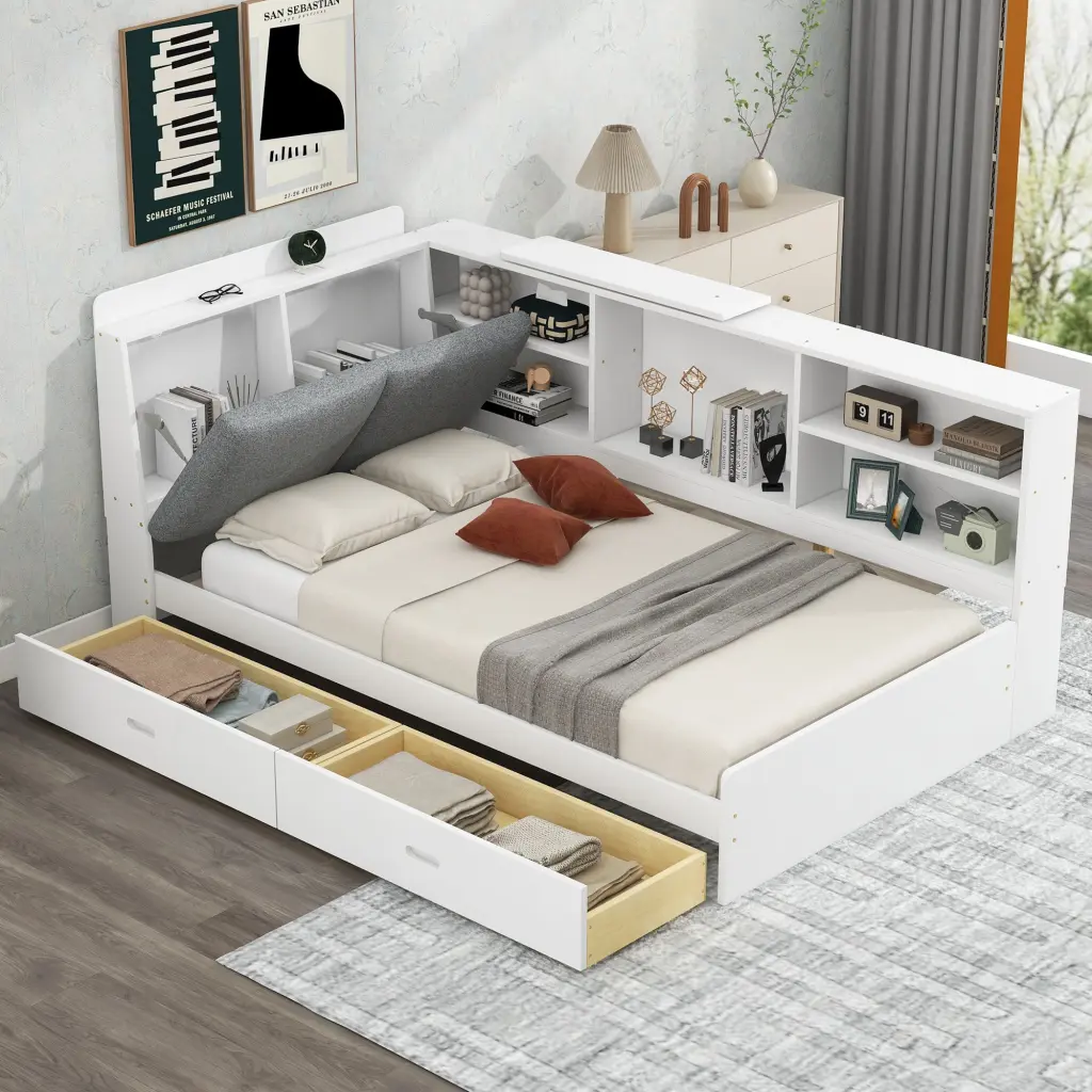 Twin Dimensions Platform Bed Storage Headboard Shelves and 2 Drawers Timber Design wm store