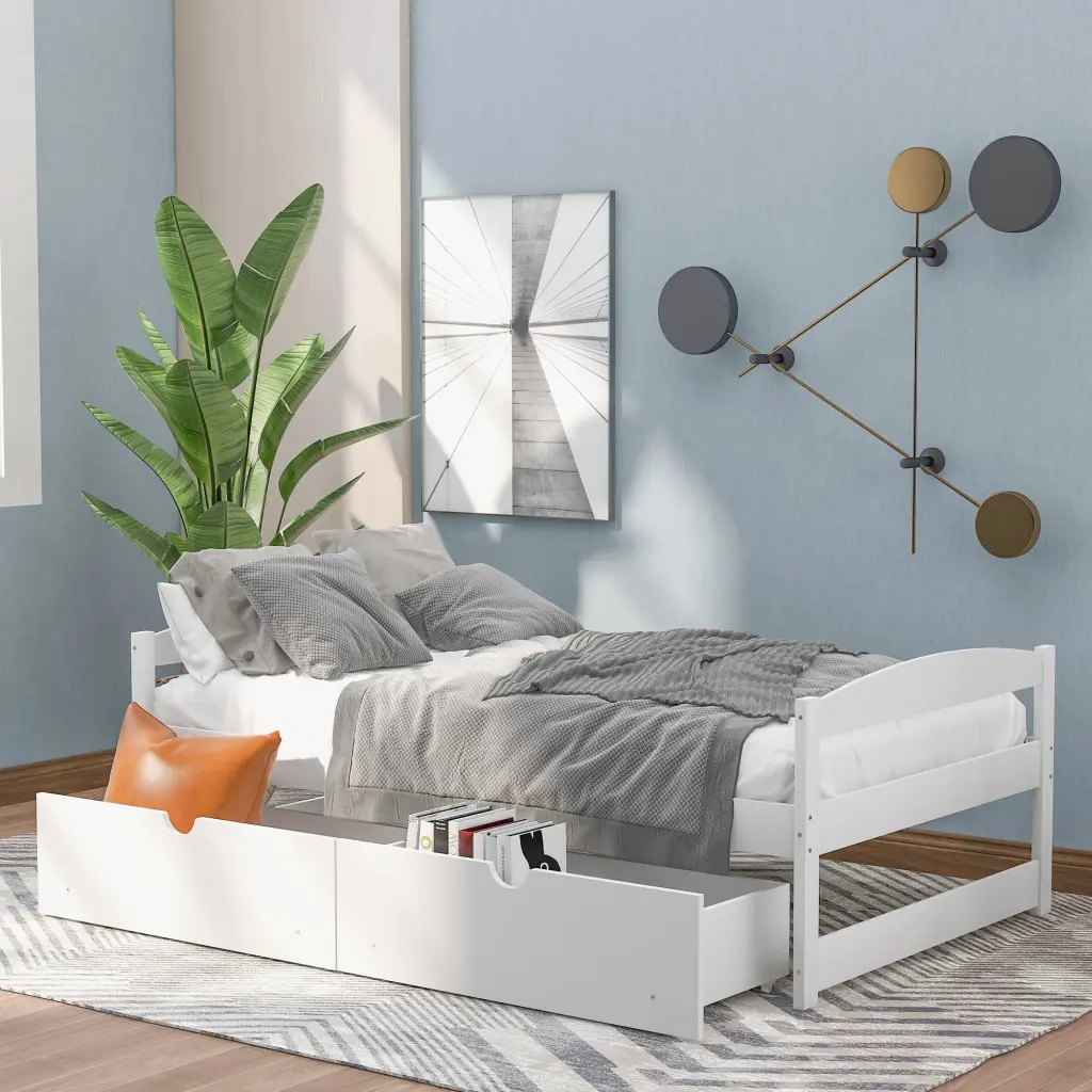 Twin Size Platform Bed Two Drawers White Pine Finish wm store
